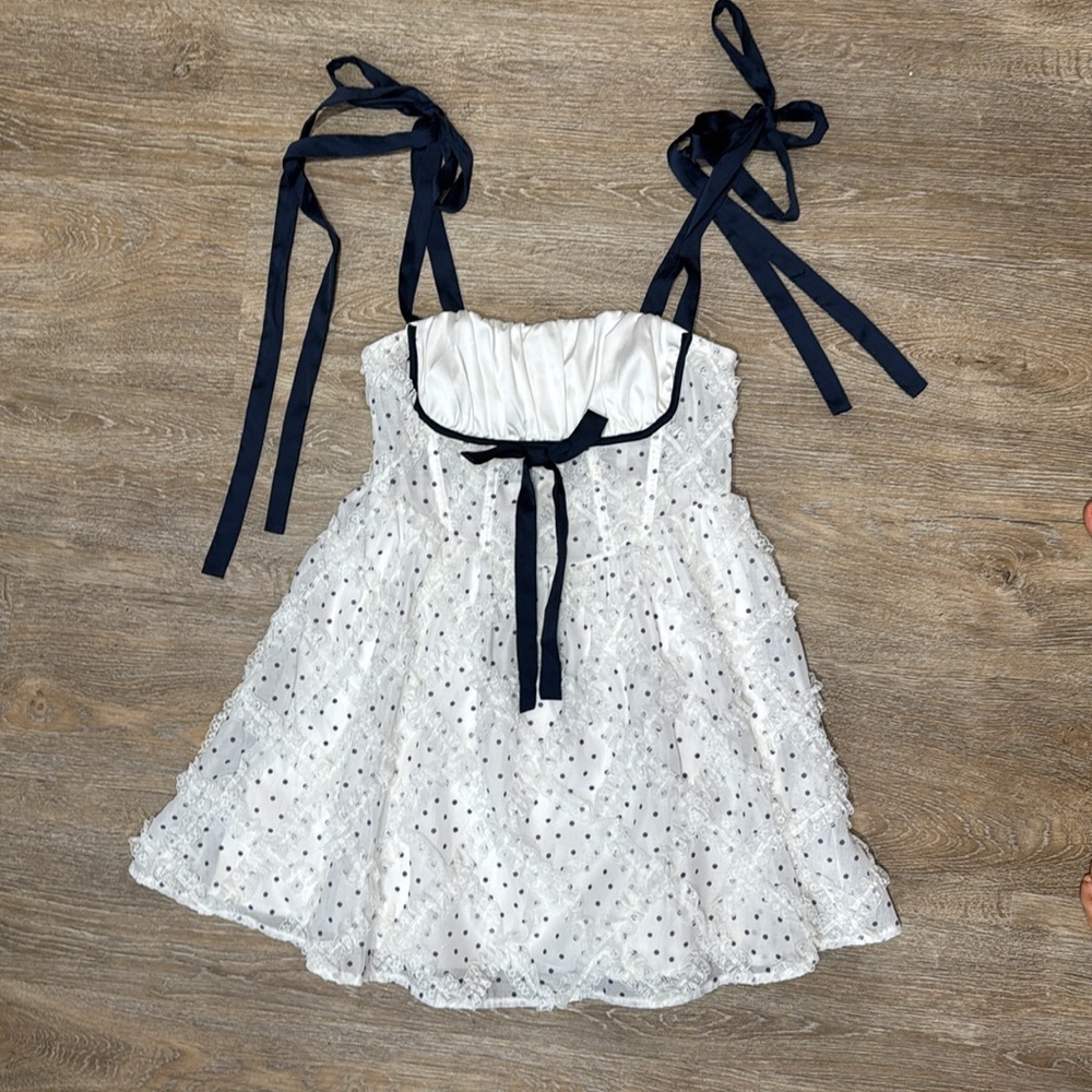 White and navy Polka Dot Dress with Bow Straps